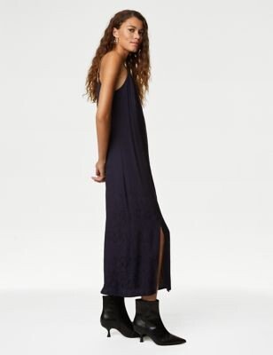 Satin Jacquard V-Neck Midi Slip Dress