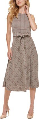 Petite Plaid Belted A-Line Midi Dress - Khaki/Red Multi