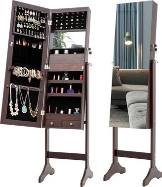 IGEMAN 61''H Standing Velvet Jewelry Armoire Storage LED Light Mirror Cabinet with 4 Angle Tilt Adjustable&Key Lock&2 Drawer