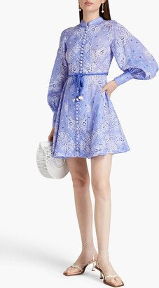 Belted paisley-print linen mini dress