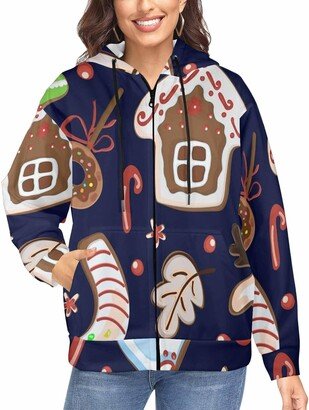 LOSARON Christmas Gingerbread Cookie Women's Zipper Drawstring Hooded Jackets Comfortable Hoodie Full-Zip Hooded Sweatshirt L