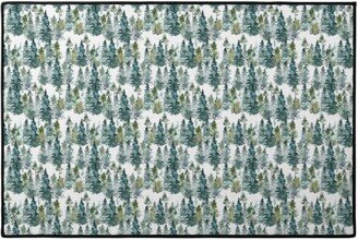 Door Mats: Woodland Trees Watercolor - White Door Mat, Green