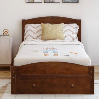 IGEMAN Twin Wood Platform Bed Frame with Curved Headboard and Casters Drawer-AA