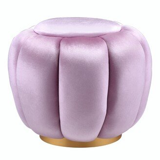 Fabric Channel Tufted Round Ottoman with Metal Base, Pink and Gold