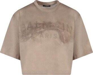 Distressed Logo Printed Cropped T-Shirt