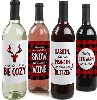 Big Dot Of Happiness Prancing Plaid - Christmas Party Decor - Wine Bottle Label Stickers - 4 Ct