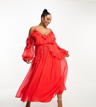 ASOS DESIGN Curve ruffle off-shoulder midi dress in red