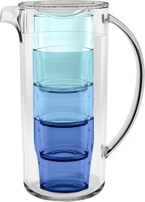 Simple Stacked Nested Pitcher Set with 4 Assorted Color Glasses, 91 oz., Premium Plastic, 5 Piece Set