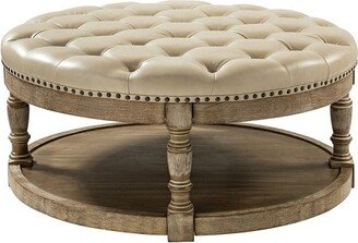 Art of Living Designs Chloe Vegan Leather Round Cocktail Ottoman with Storage and Nailhead | ARTFUL LIVING DESIGN-BEIGE