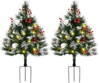 HOMCOM 2.5 FT 2 Pack Pre-Lit Artificial Christmas Tree Cordless with 70 Branches, Warm White LED lights, Red Berries, Pine Cones, Balls, Green