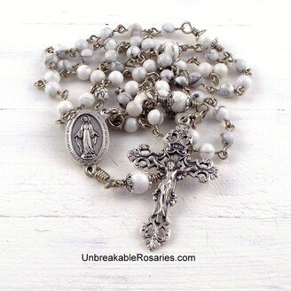 Miraculous Medal Rosary Beads in White Magnesite With Italian Fleur-De-Lis Crucifix By Unbreakable Rosaries