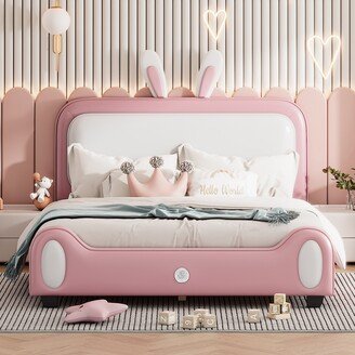 Twin/Full size Upholstered Rabbit-Shape Princess Bed ,Full Size Platform Bed with Headboard and Footboard