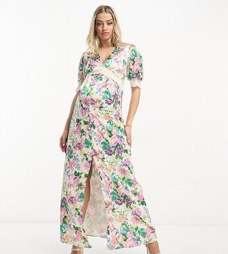 Hope & Ivy Maternity puff sleeve satin maxi dress in cream floral