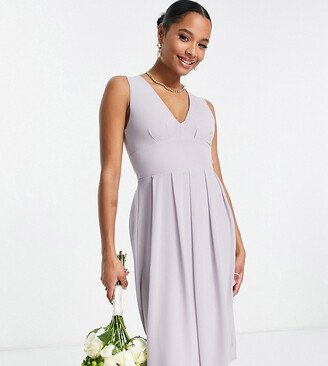 TFNC Petite Bridesmaid chiffon V-front midi dress with pleated skirt in gray