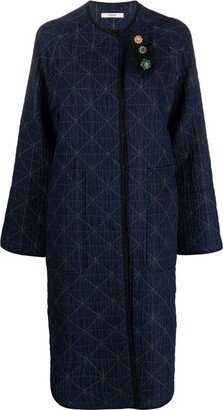 Diamond-Quilted Denim Midi Coat