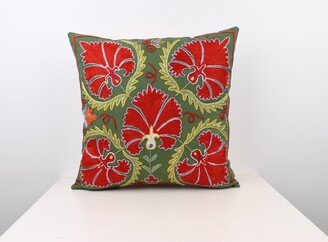 Embroidered Suzani Pillowcase Bohemian Red Green 18x18 | cm Eclectic Pillow Silk Zippered Cushion Cover Lumbar Home Decoration