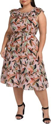 Leaf Print Shoulder Ruffle Tiered Dress