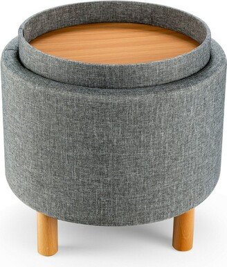 Round Storage Ottoman w/Tray Top Accent Padded Footrest w/Wood Legs Grey