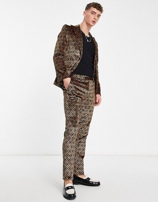 varane skinny suit pants in brown geo logo print