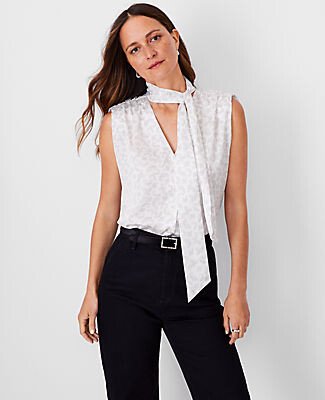 Paisley Shirred Shoulder Tie Neck Top