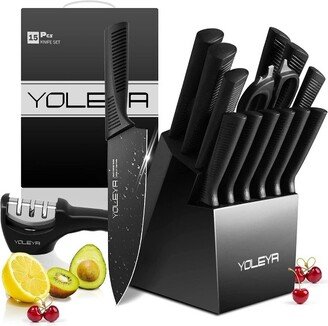 YOLEYA 15 Piece Kitchen Steel Knife Set with Non Stick Coating, Wooden Storage Block, Santoku, Steak, Slicing, Paring, Chef, and Utility Knives, Black