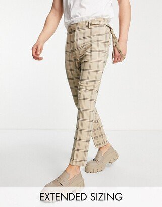 tapered pants with side belt in stone window checks