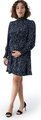 Women's Maternity Smocked Mock Neck Mini Dress - Black White Dot