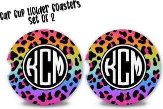 Monogram Rainbow Animal Print Car Coasters, Personalized Custom Cup Holder Coaster