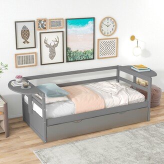 IGEMAN Twin Size Daybed with Trundle and Foldable Shelves on Both Sides, Gray