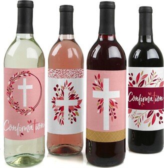 Big Dot Of Happiness Confirmation Pink Elegant Cross - Party Decor Wine Bottle Label Stickers 4 Ct