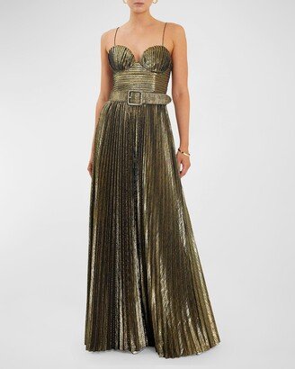 Josie Pleated Cutout Metallic Shimmer Gown