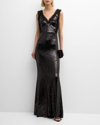 Sleeveless Sequin Ruffle-Trim Gown