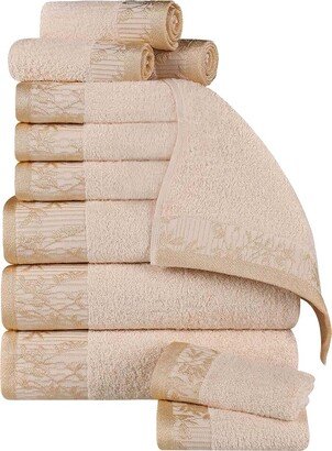 Wisteria Cotton 12Pc Assorted Towel Set With Floral Bohemian Embroidered Jacquard Border