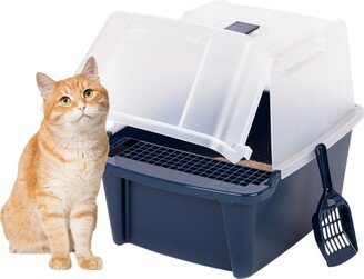 Iris Usa Large Split-Hood Cat Litter Box with Scoop and Grate, Blue