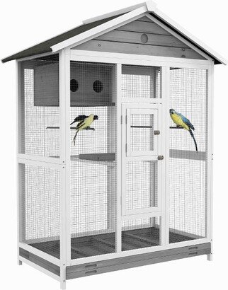 64.5 Wooden Bird Cage Aviary, Flight Cage with 4 Perches, Nest and Slide-Out Tray for Indoor/Outdoor, Gray