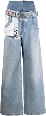 Layered Distressed-Effect Wide Jeans