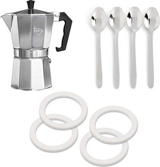 Stovetop Espresso Coffee Maker (Brews 6-Servings) with 4 Demi Spoons and 4 Exact Replacement Silicone Gaskets