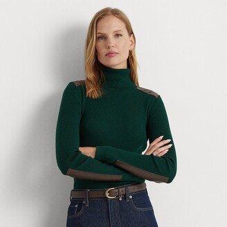 Ralph Lauren Faux-Leather-Trim Ribbed Turtleneck