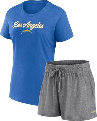 Women's Branded Powder Blue, Heather Charcoal Los Angeles Chargers Script T-shirt and Shorts Lounge Set - Powder Blue, Heather Charcoal