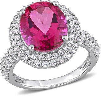 DELMAR Sterling Silver Created White Sapphire Halo Oval Pink Topaz Ring