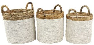 GINGER BIRCH STUDIO White Seagrass Handmade Two-Tone Storage Basket with Handles - Set of 3