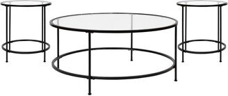 Merrick Lane Newbury Round Glass Coffee Table Set - 3 Piece Glass Table Set With Metal And Vertical Legs - Clear/matte black