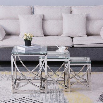 Aoolive 3 Pieces Square Nesting Glass Coffee Tables End Tables- Small Coffee Table Set- Stainless Steel Small Side Tables