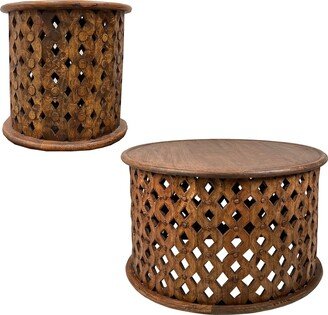 31, 17 Inch 2 Piece Round Coffee Table and Side End Table Set, Cut Out Design, Rustic Brown