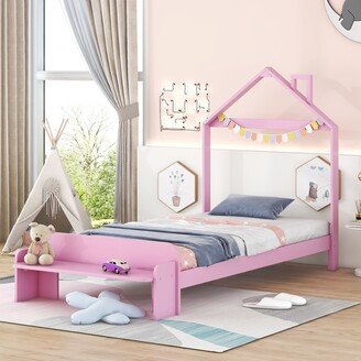 Joliwing Twin Size Kid Bed,Solid Wood House Platform Bed with Footboard Bench,Pink