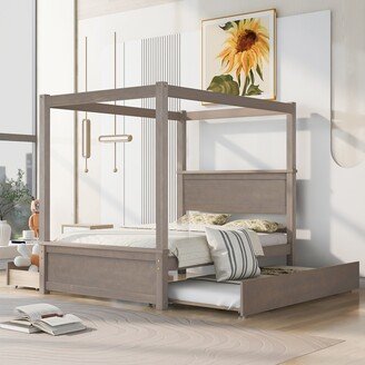 Full Size Canopy Bed with Trundle Bed and 2 Drawers, Wooden Four-Poster Canopy Platform Bed Frame with Support Slats