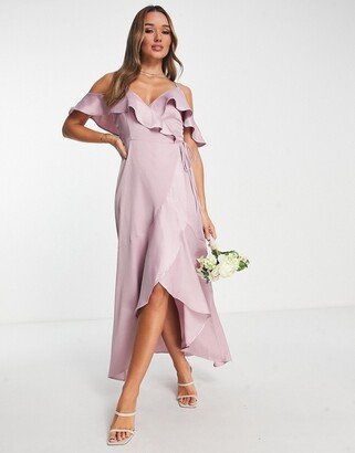 Bridesmaid off shoulder ruffle sleeve maxi dress in pink