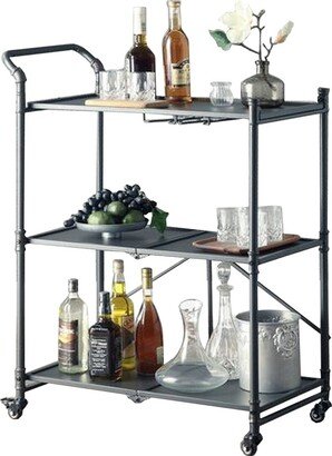 3 Tier Foldable Serving Cart with Pipe Style Metal Frame, Gray