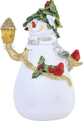 Christmas Snowman W/ Cardinal Figurine - One Snowman Figurine 5.75 Inches - Holly Hat Red Bird - Y8871 Two Birds - Polyresin - White