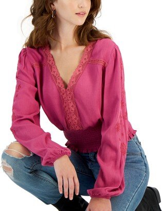 Juniors' Long-Sleeve Embroidery Smocked Top